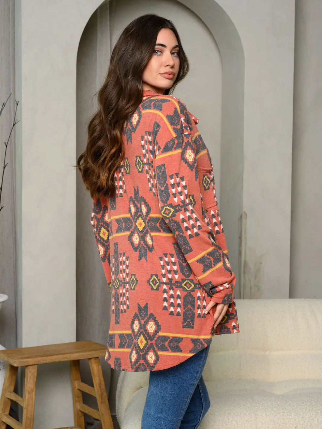 WOMEN'S LONG SLEEVE BUTTON UP MULTI PRINT TOP