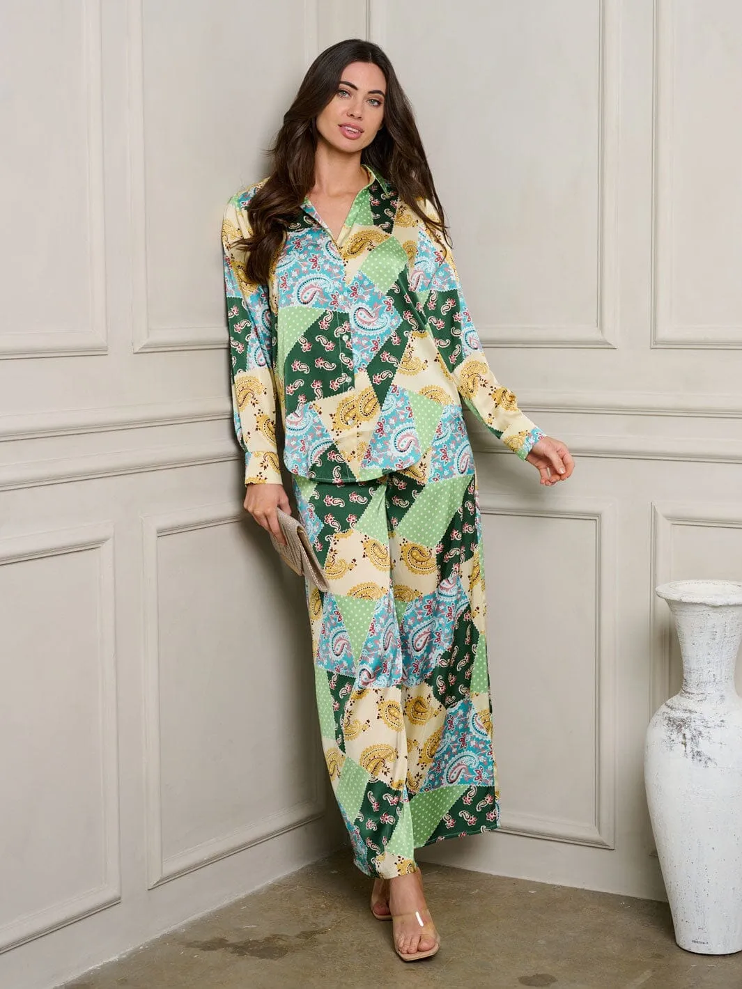 WOMEN'S LONG SLEEVE BUTTON UP MULTI PRINT TOP