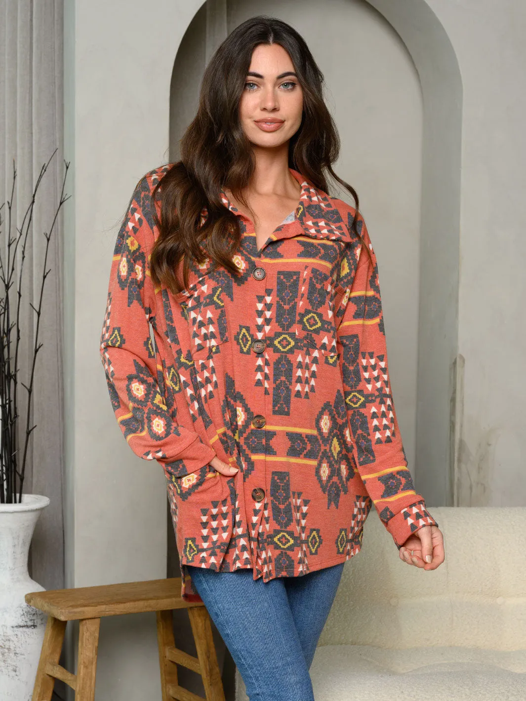 WOMEN'S LONG SLEEVE BUTTON UP MULTI PRINT TOP