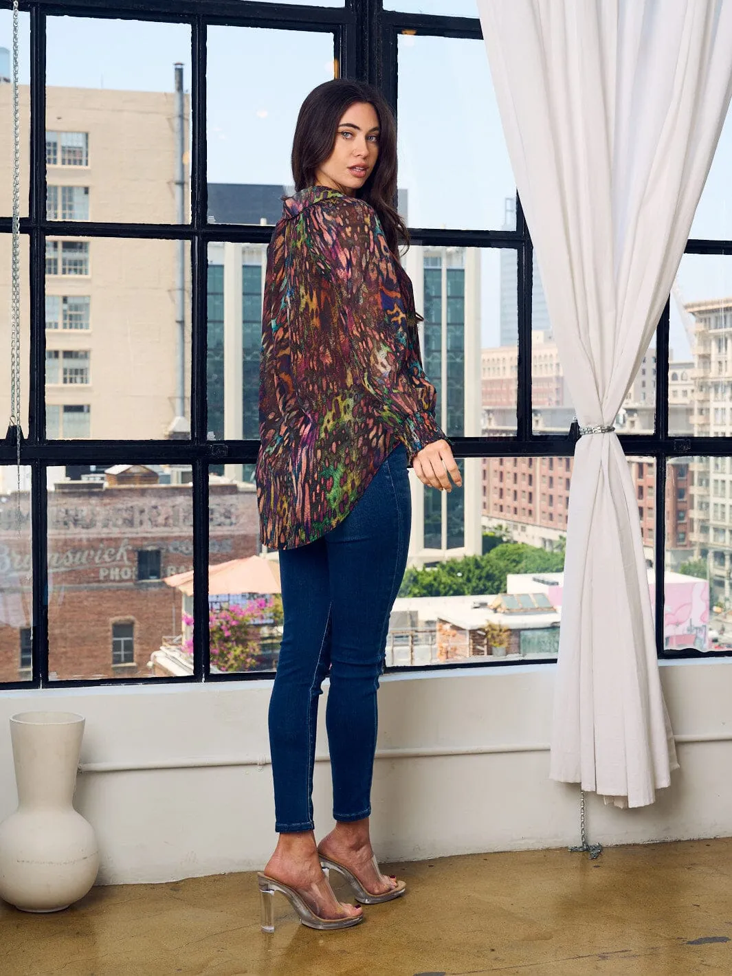 WOMEN'S LONG SLEEVE BUTTON UP MULTI PRINT TOP