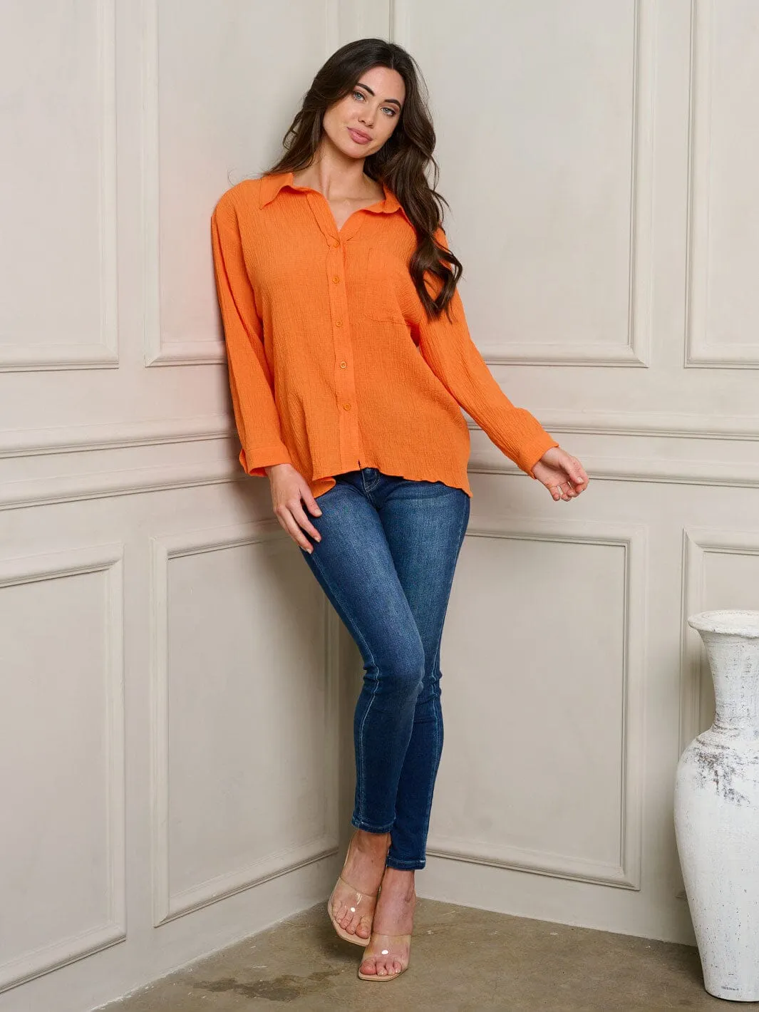 WOMEN'S LONG SLEEVE BUTTON UP OVERSIZE TOP