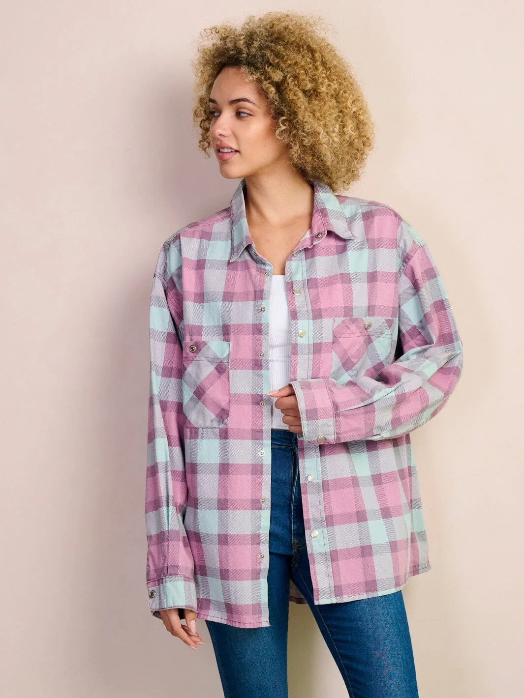 WOMEN'S LONG SLEEVE BUTTON UP OVERSIZED CHECKERS BLOUSE TOP