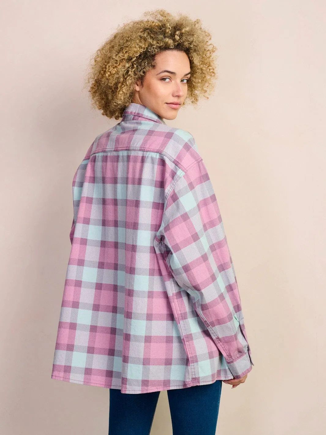 WOMEN'S LONG SLEEVE BUTTON UP OVERSIZED CHECKERS BLOUSE TOP
