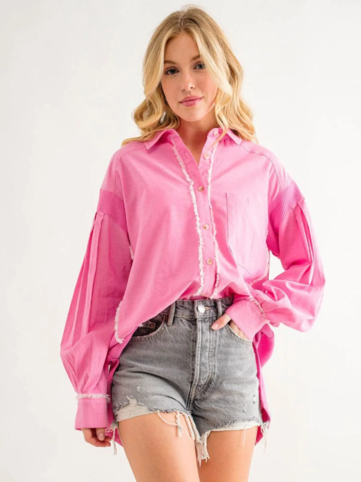 WOMEN'S LONG SLEEVE BUTTON UP OVERSIZED DETAILED BLOUSE TOP