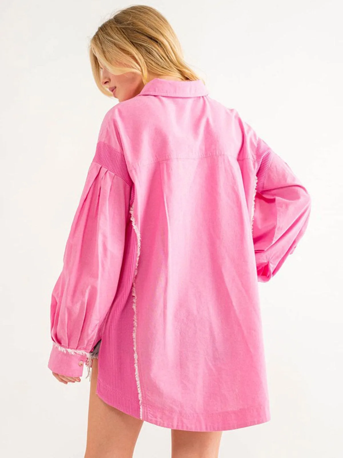 WOMEN'S LONG SLEEVE BUTTON UP OVERSIZED DETAILED BLOUSE TOP