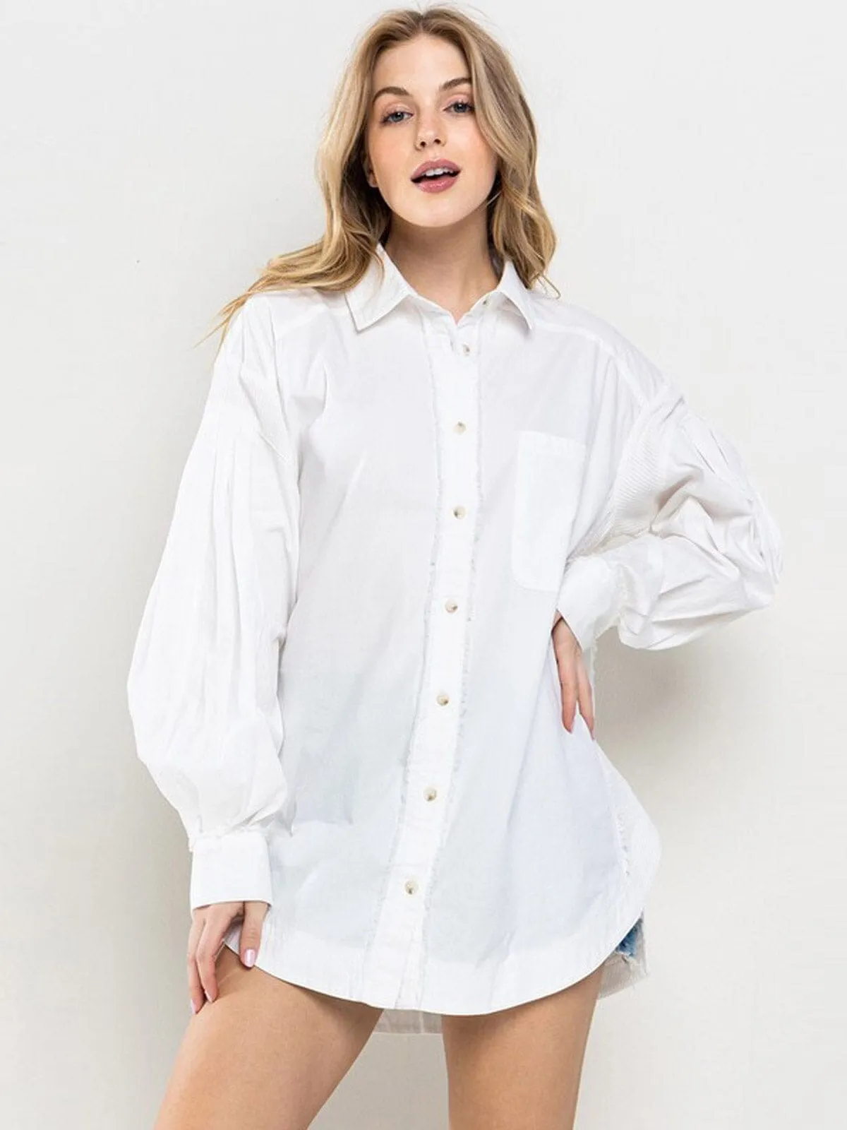 WOMEN'S LONG SLEEVE BUTTON UP OVERSIZED DETAILED BLOUSE TOP