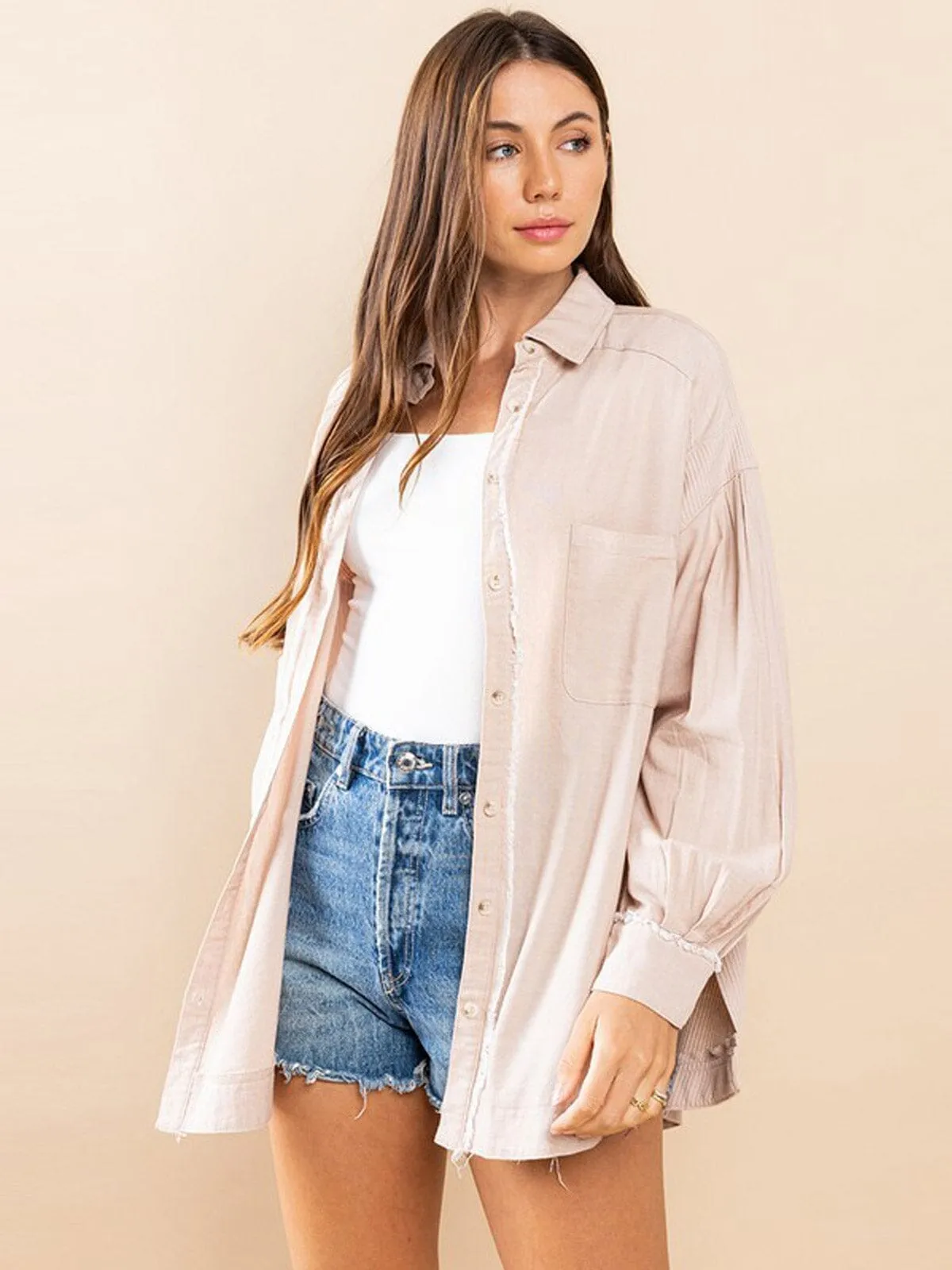 WOMEN'S LONG SLEEVE BUTTON UP OVERSIZED DETAILED BLOUSE TOP