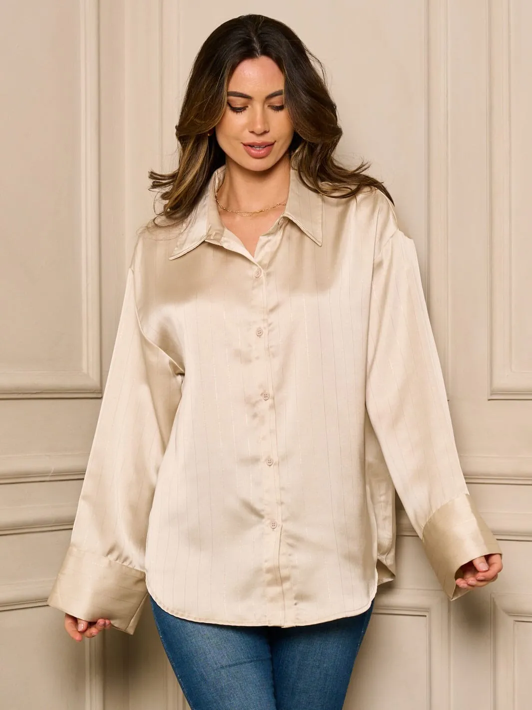 WOMEN'S LONG SLEEVE BUTTON UP OVERSIZED SHIMMER BLOUSE TOP
