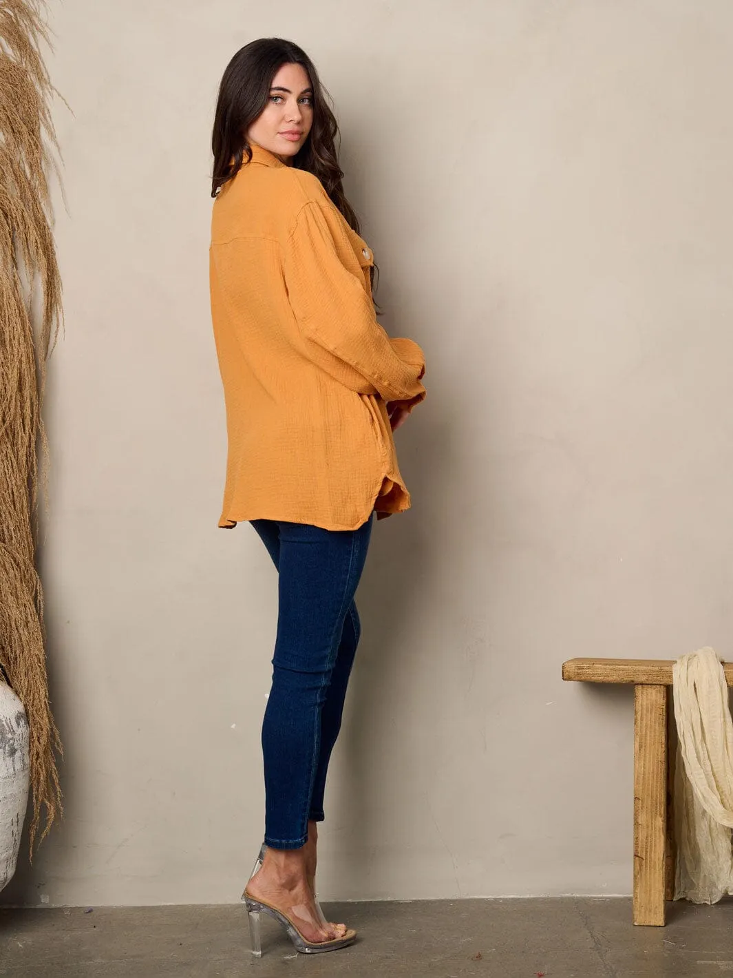 WOMEN'S LONG SLEEVE BUTTON UP OVERSIZED TOP