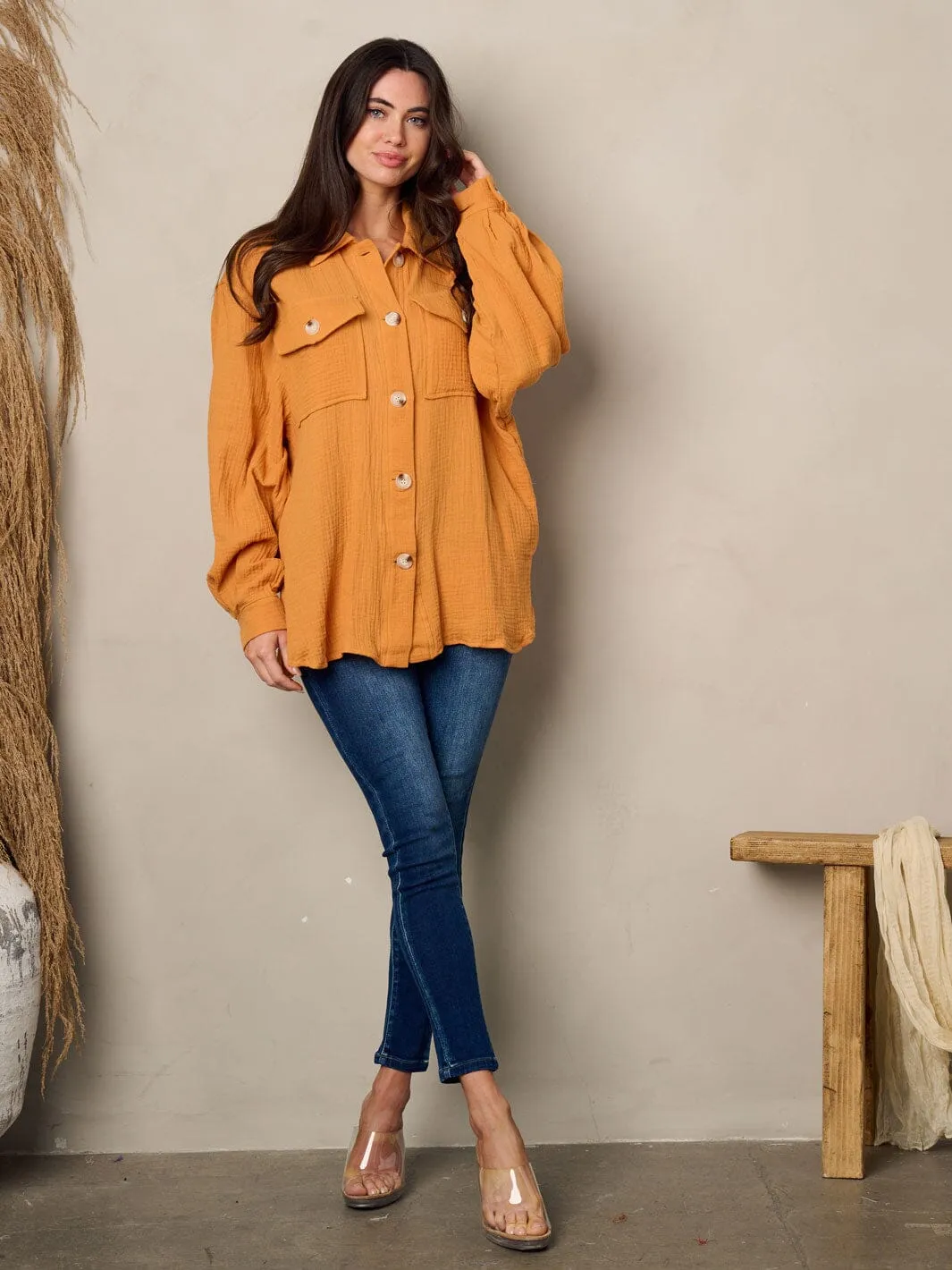 WOMEN'S LONG SLEEVE BUTTON UP OVERSIZED TOP