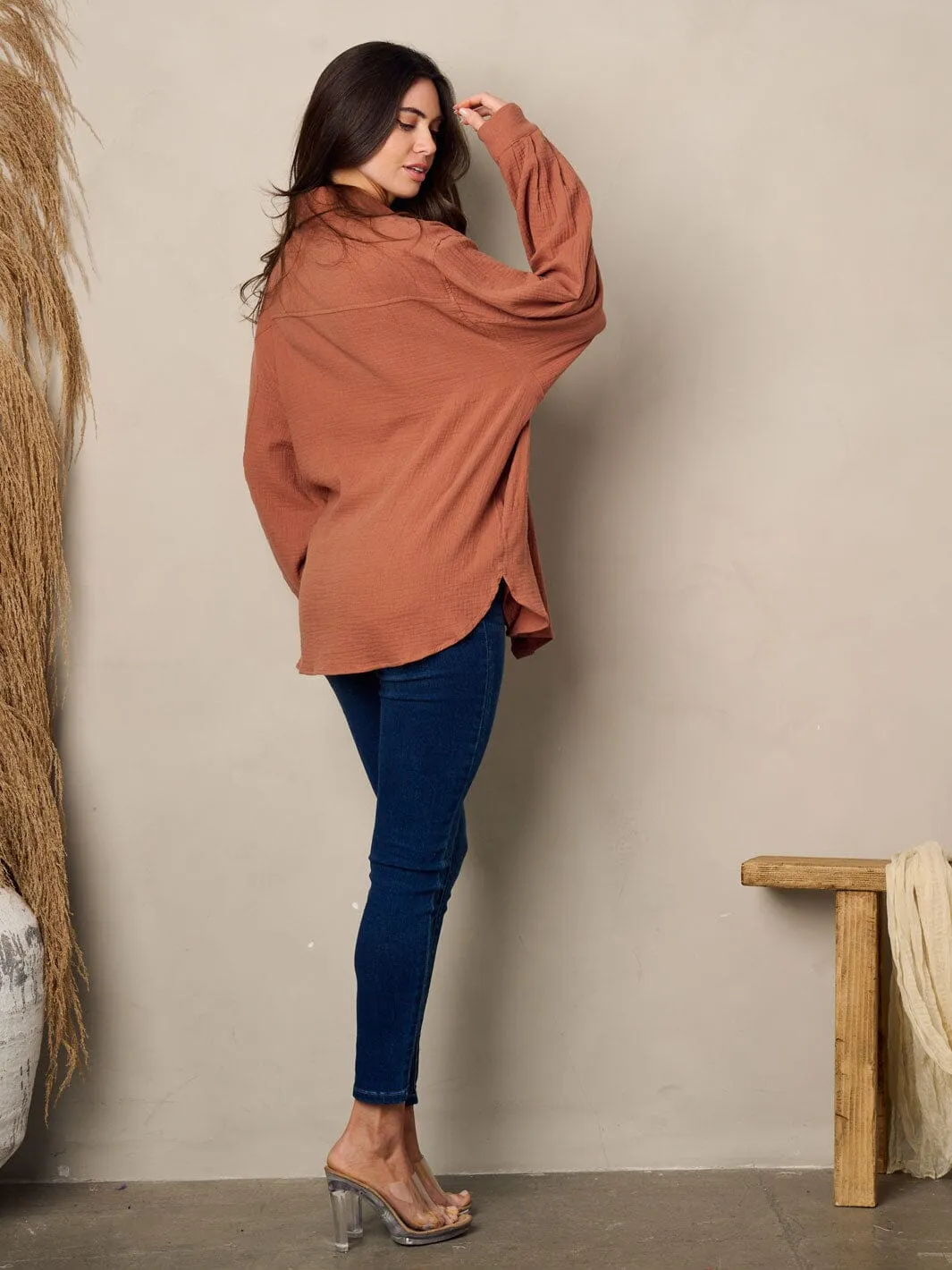 WOMEN'S LONG SLEEVE BUTTON UP OVERSIZED TOP