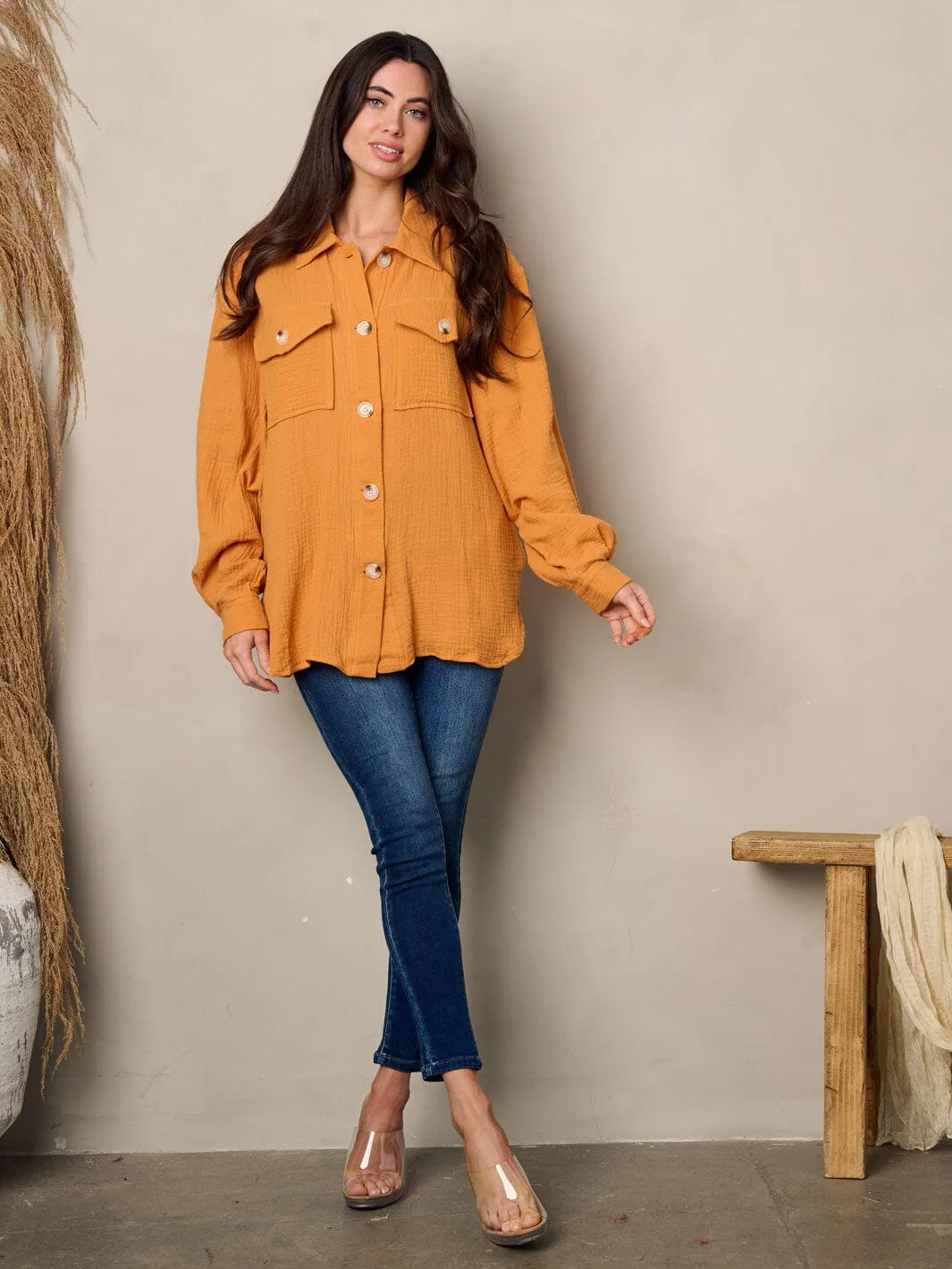 WOMEN'S LONG SLEEVE BUTTON UP OVERSIZED TOP