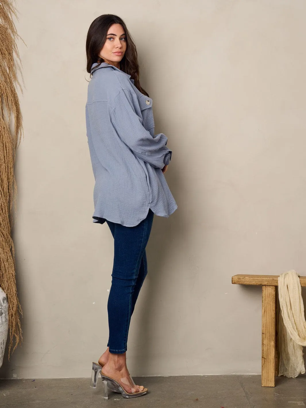 WOMEN'S LONG SLEEVE BUTTON UP OVERSIZED TOP