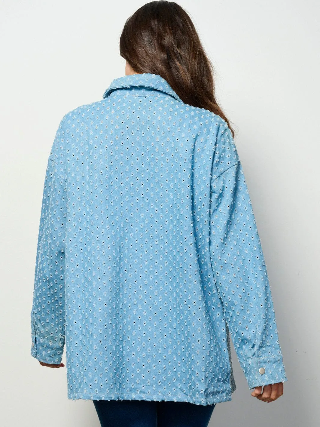WOMEN'S LONG SLEEVE BUTTON UP POCKETS EYELET DENIM OVERSIZED TOP