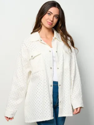 WOMEN'S LONG SLEEVE BUTTON UP POCKETS EYELET DENIM OVERSIZED TOP
