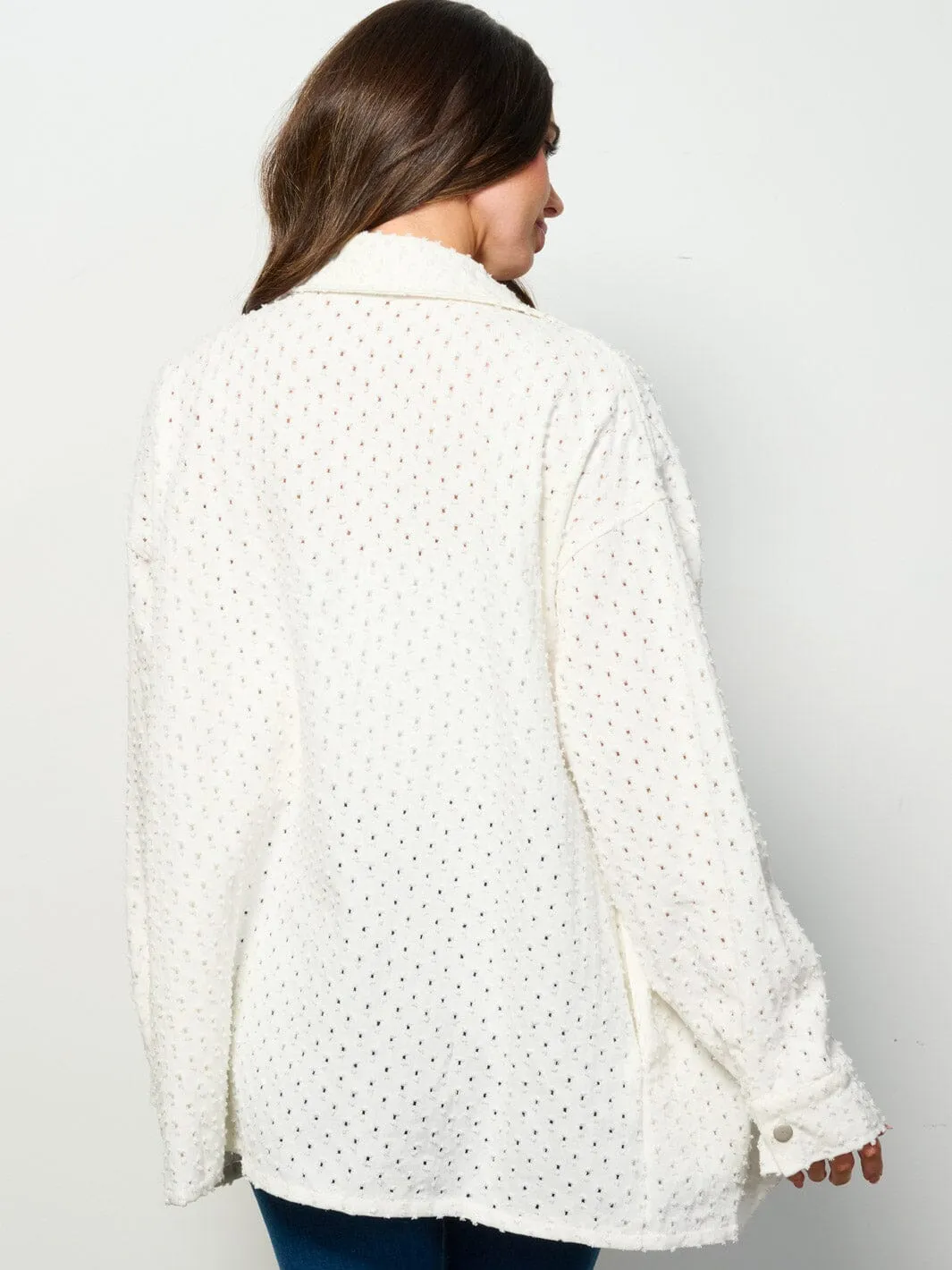 WOMEN'S LONG SLEEVE BUTTON UP POCKETS EYELET DENIM OVERSIZED TOP