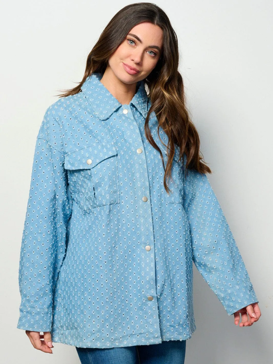 WOMEN'S LONG SLEEVE BUTTON UP POCKETS EYELET DENIM OVERSIZED TOP