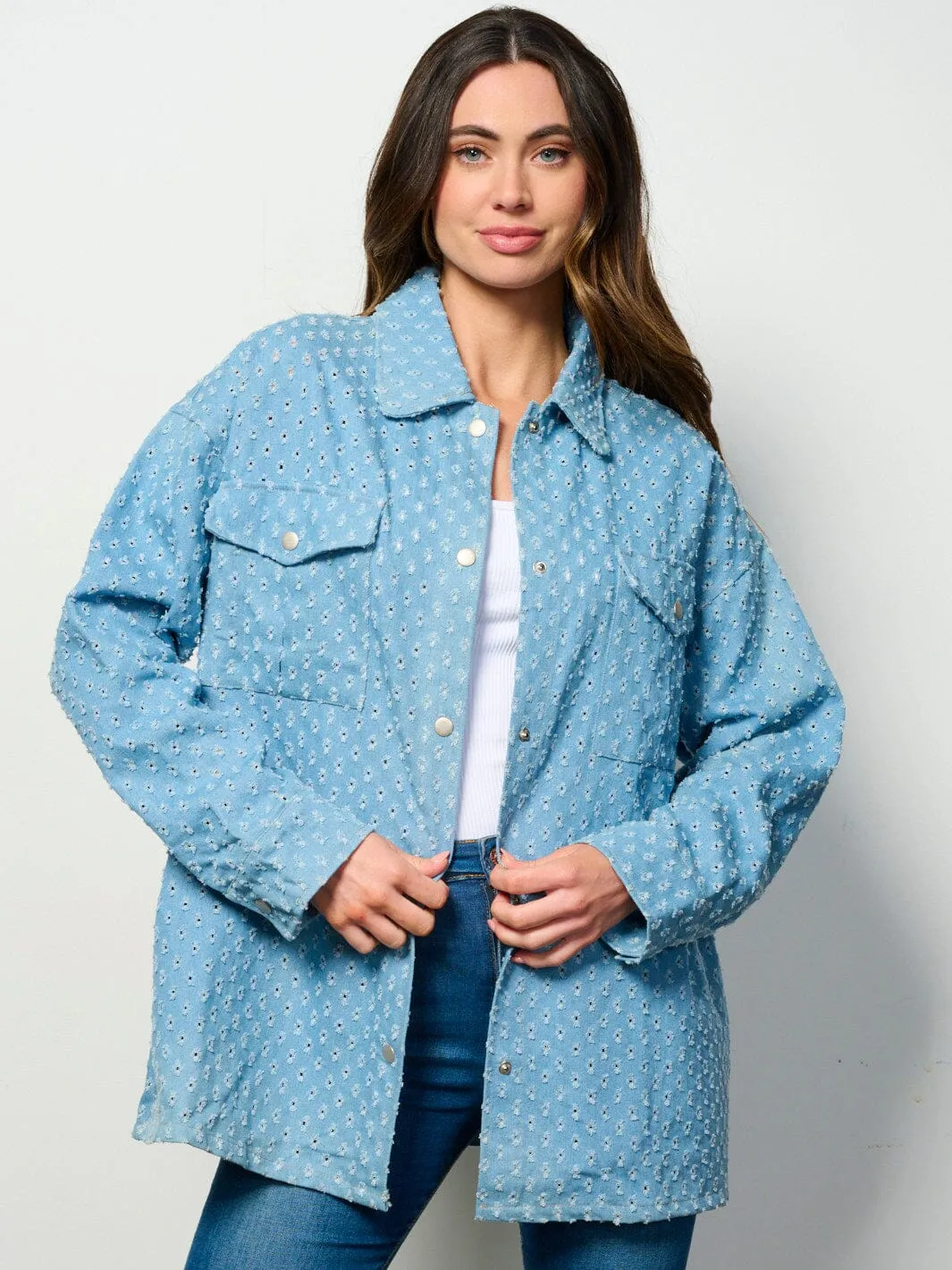 WOMEN'S LONG SLEEVE BUTTON UP POCKETS EYELET DENIM OVERSIZED TOP