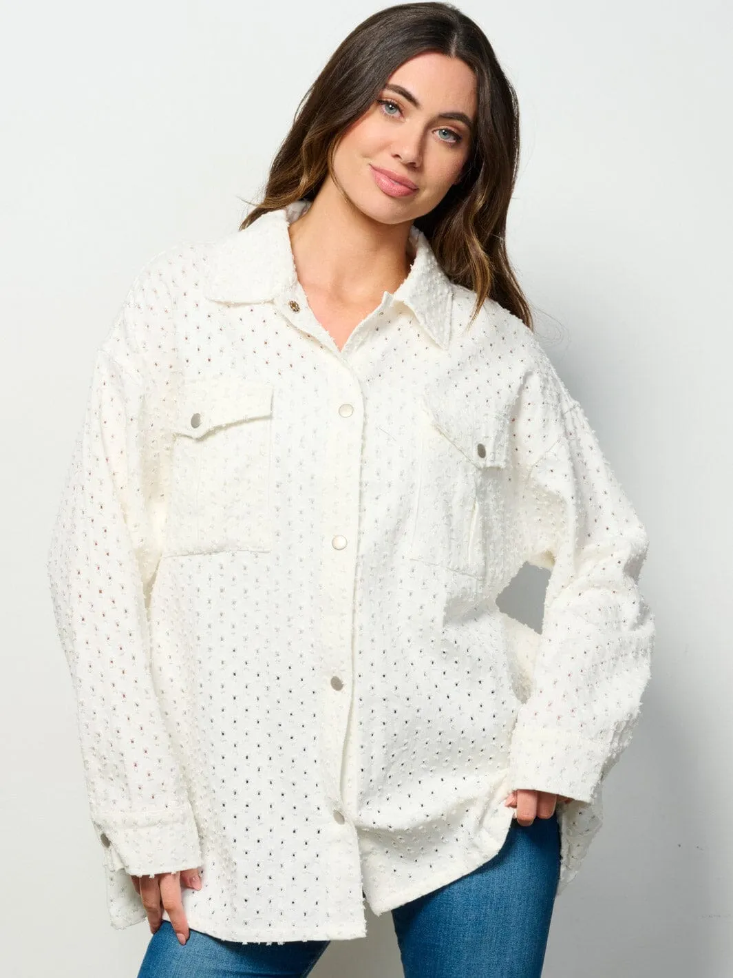 WOMEN'S LONG SLEEVE BUTTON UP POCKETS EYELET DENIM OVERSIZED TOP