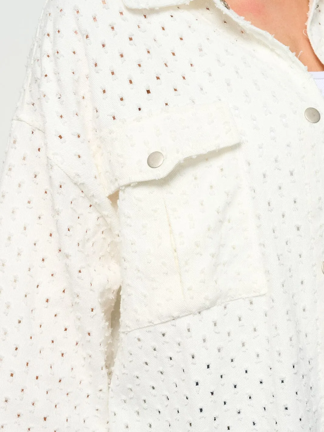 WOMEN'S LONG SLEEVE BUTTON UP POCKETS EYELET DENIM OVERSIZED TOP