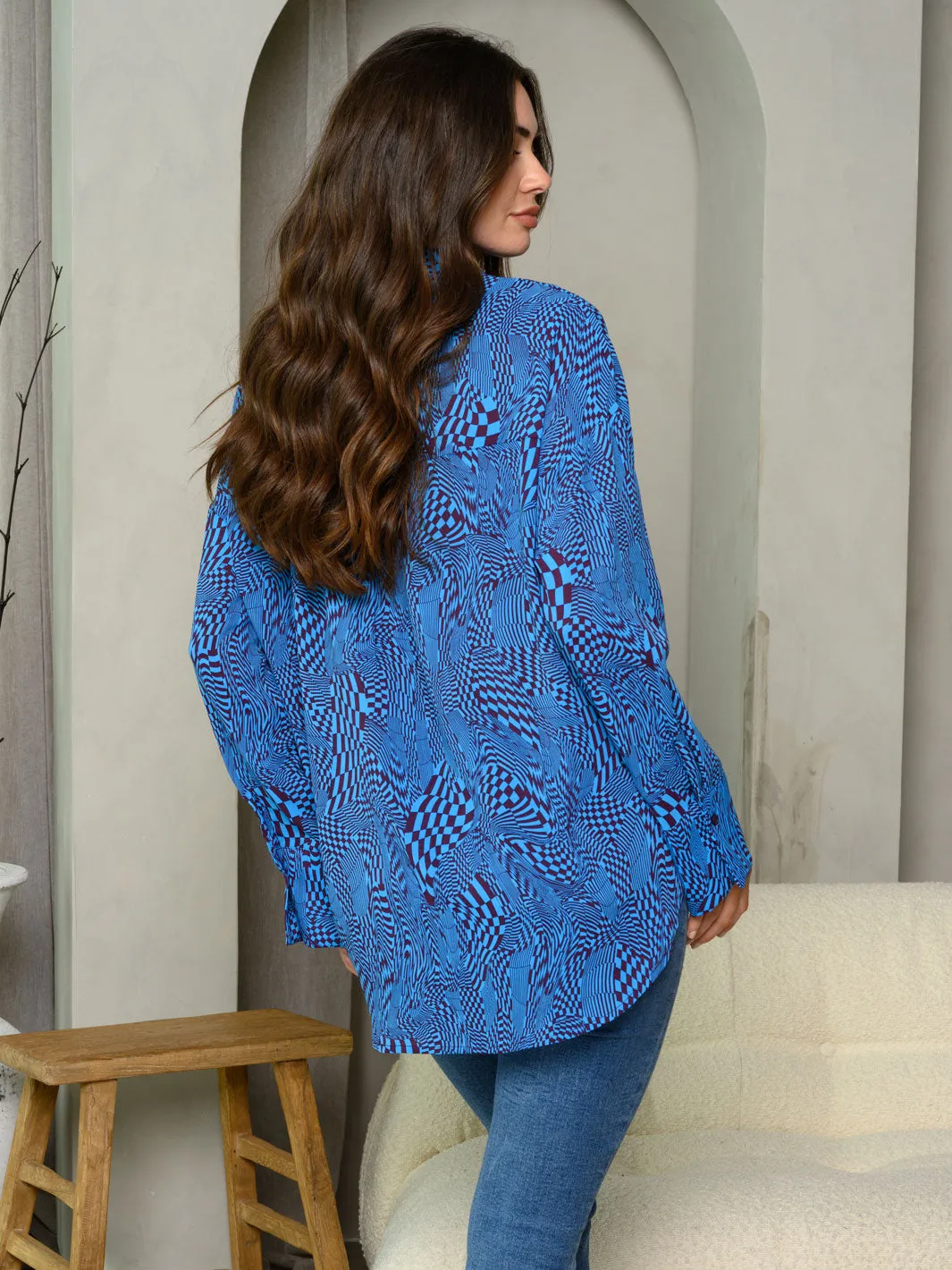WOMEN'S LONG SLEEVE BUTTON UP PRINT TOP