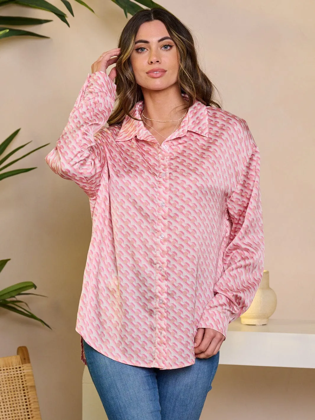 WOMEN'S LONG SLEEVE BUTTON UP PRINTED BLOUSE TOP