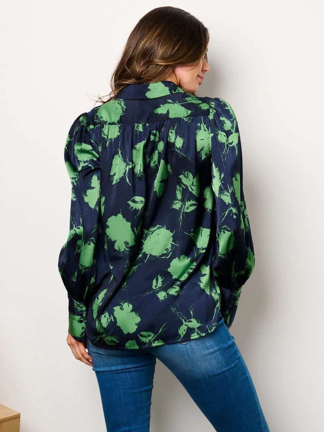 WOMEN'S LONG SLEEVE BUTTON UP PRINTED BLOUSE TOP