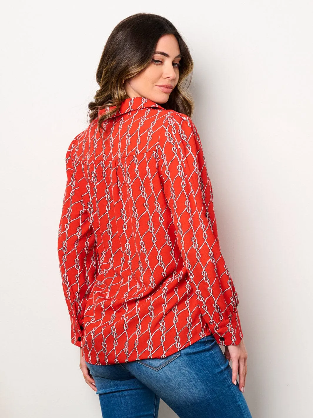 WOMEN'S LONG SLEEVE BUTTON UP PRINTED BLOUSE TOP
