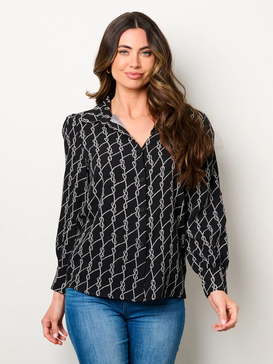 WOMEN'S LONG SLEEVE BUTTON UP PRINTED BLOUSE TOP