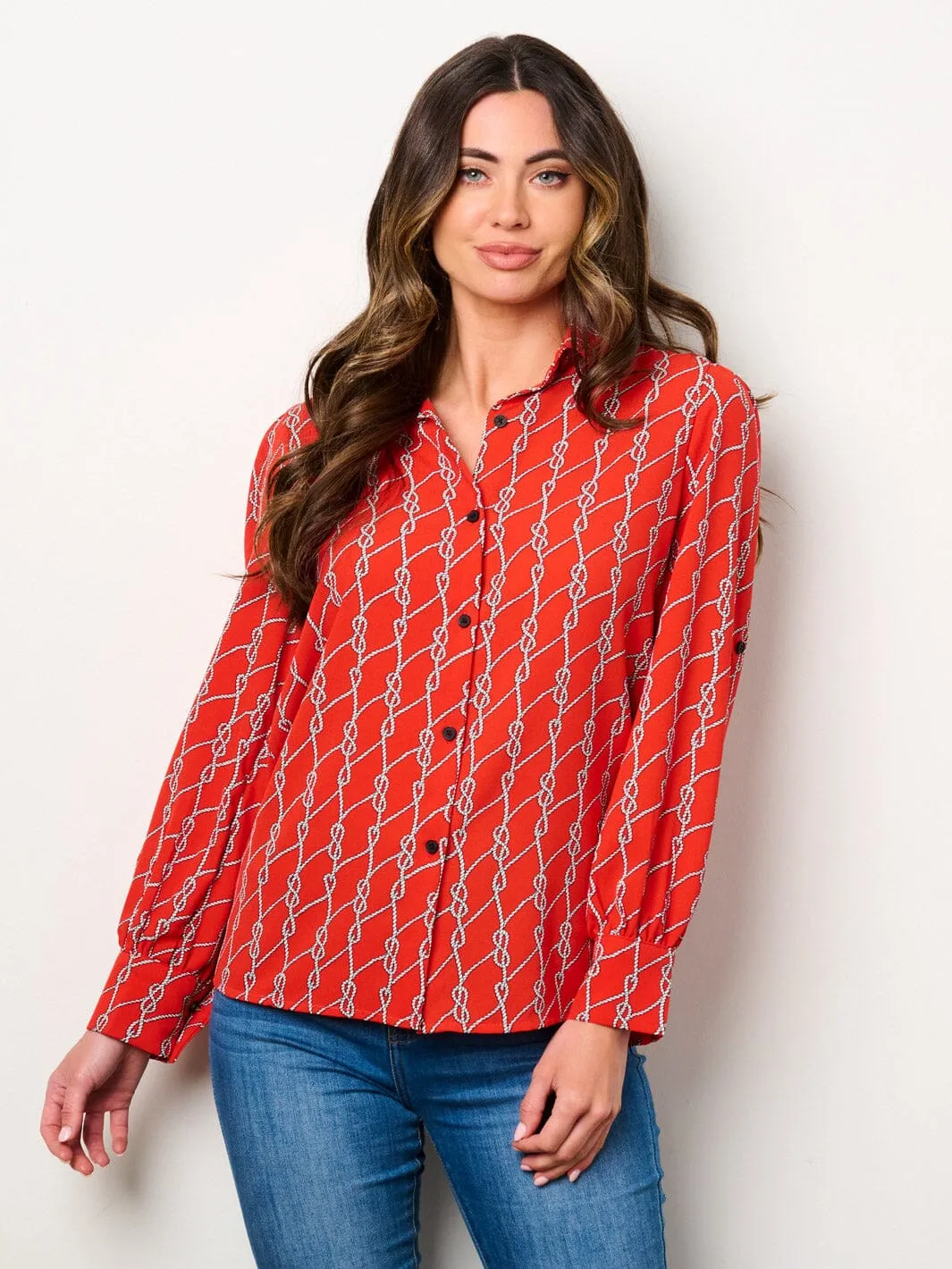 WOMEN'S LONG SLEEVE BUTTON UP PRINTED BLOUSE TOP