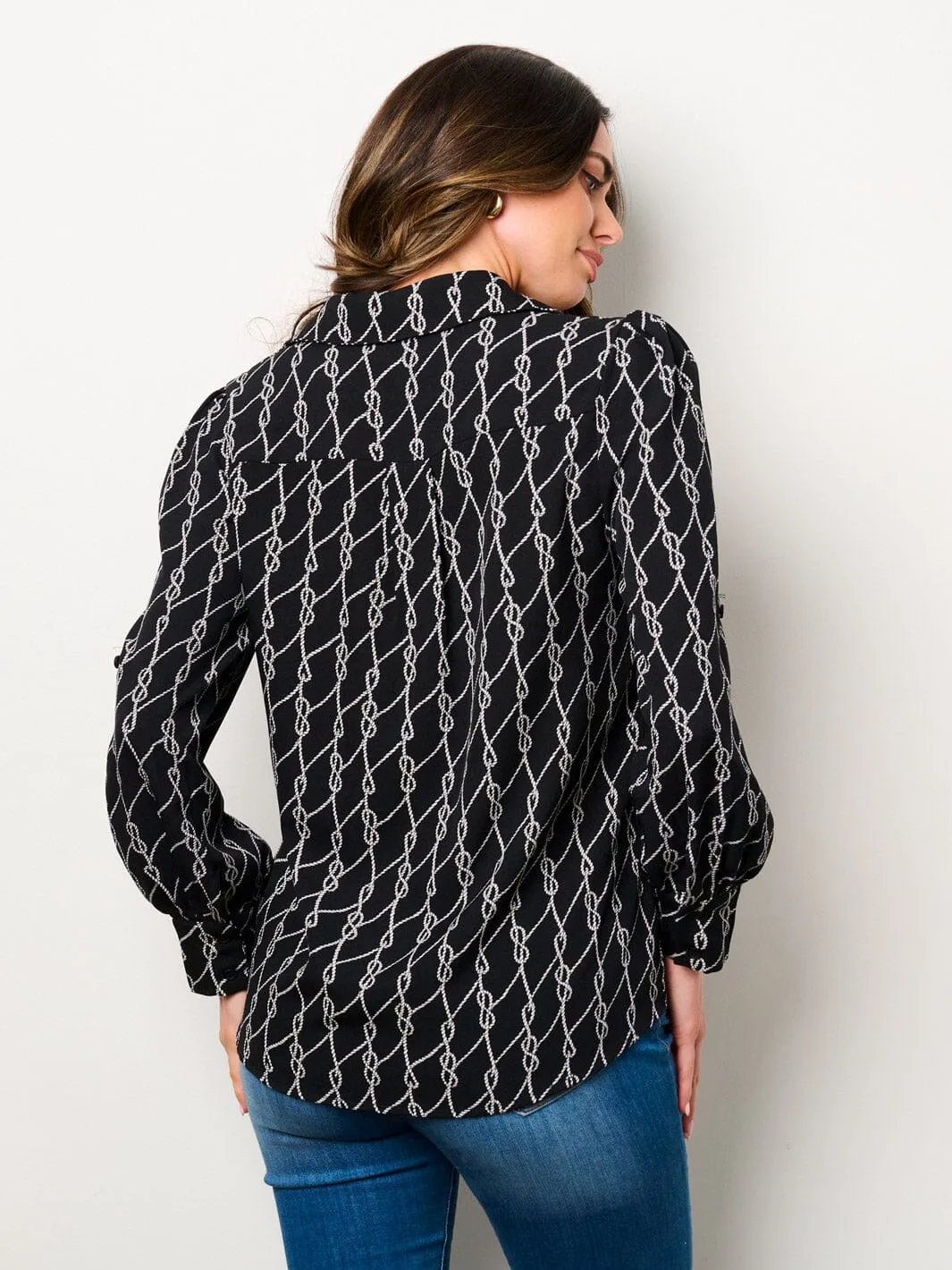 WOMEN'S LONG SLEEVE BUTTON UP PRINTED BLOUSE TOP