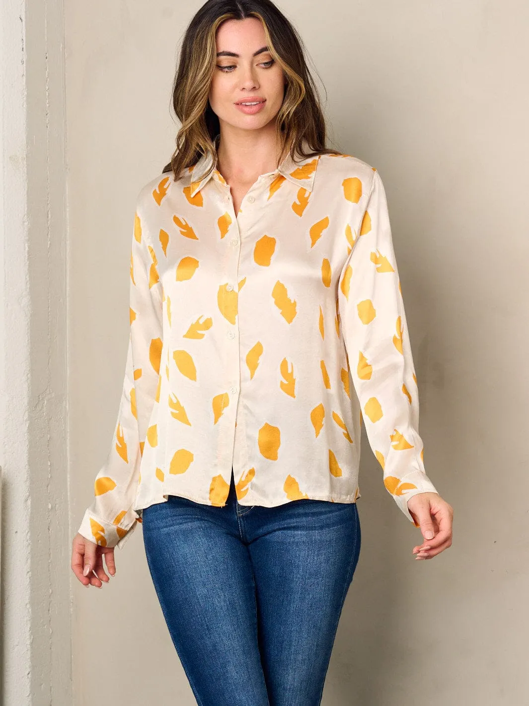 WOMEN'S LONG SLEEVE BUTTON UP PRINTED BLOUSE TOP