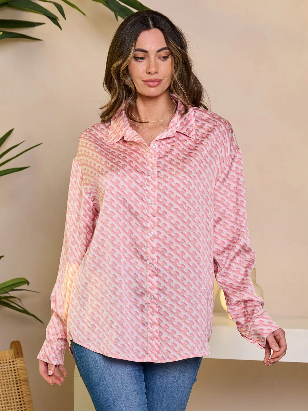 WOMEN'S LONG SLEEVE BUTTON UP PRINTED BLOUSE TOP