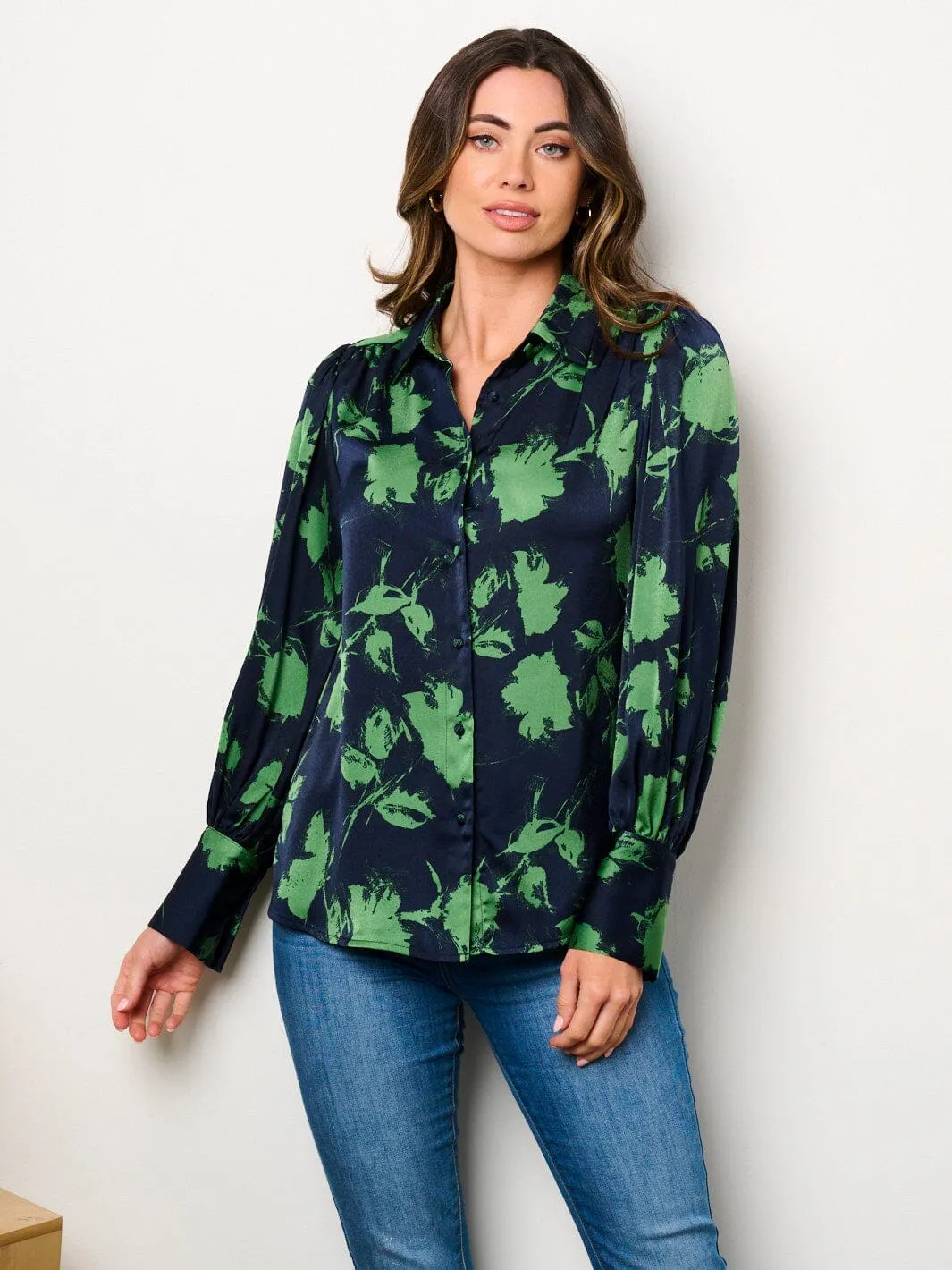 WOMEN'S LONG SLEEVE BUTTON UP PRINTED BLOUSE TOP