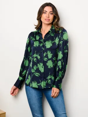 WOMEN'S LONG SLEEVE BUTTON UP PRINTED BLOUSE TOP