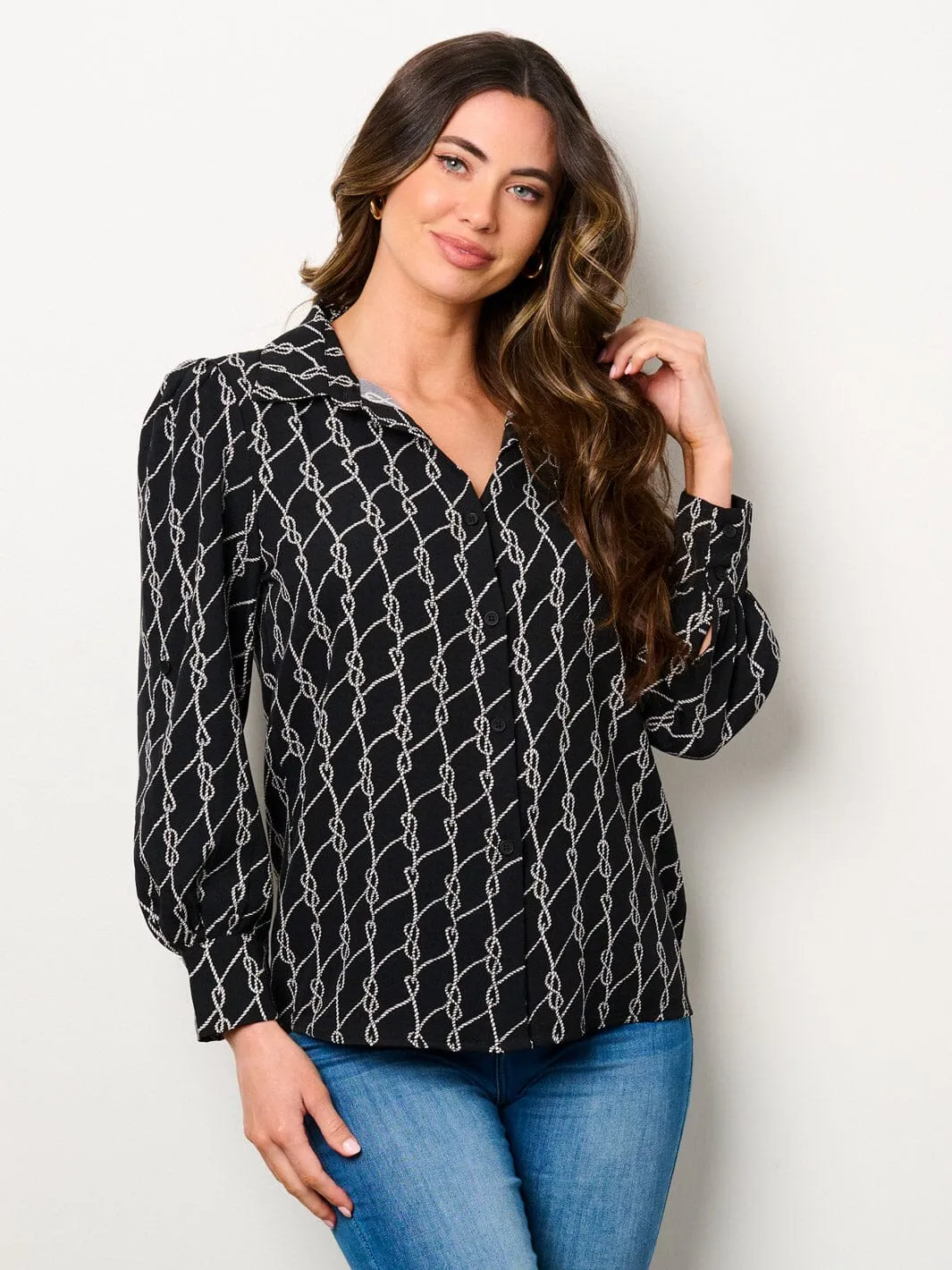 WOMEN'S LONG SLEEVE BUTTON UP PRINTED BLOUSE TOP