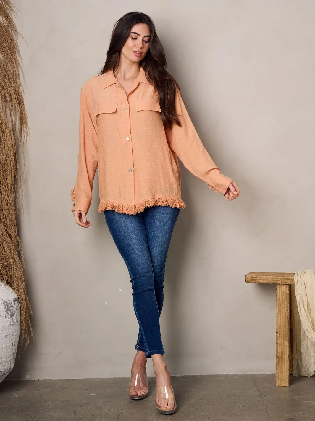WOMEN'S LONG SLEEVE BUTTON UP RAW BOTTOM HEM TOP