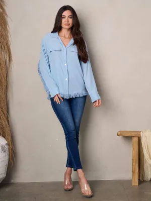 WOMEN'S LONG SLEEVE BUTTON UP RAW BOTTOM HEM TOP