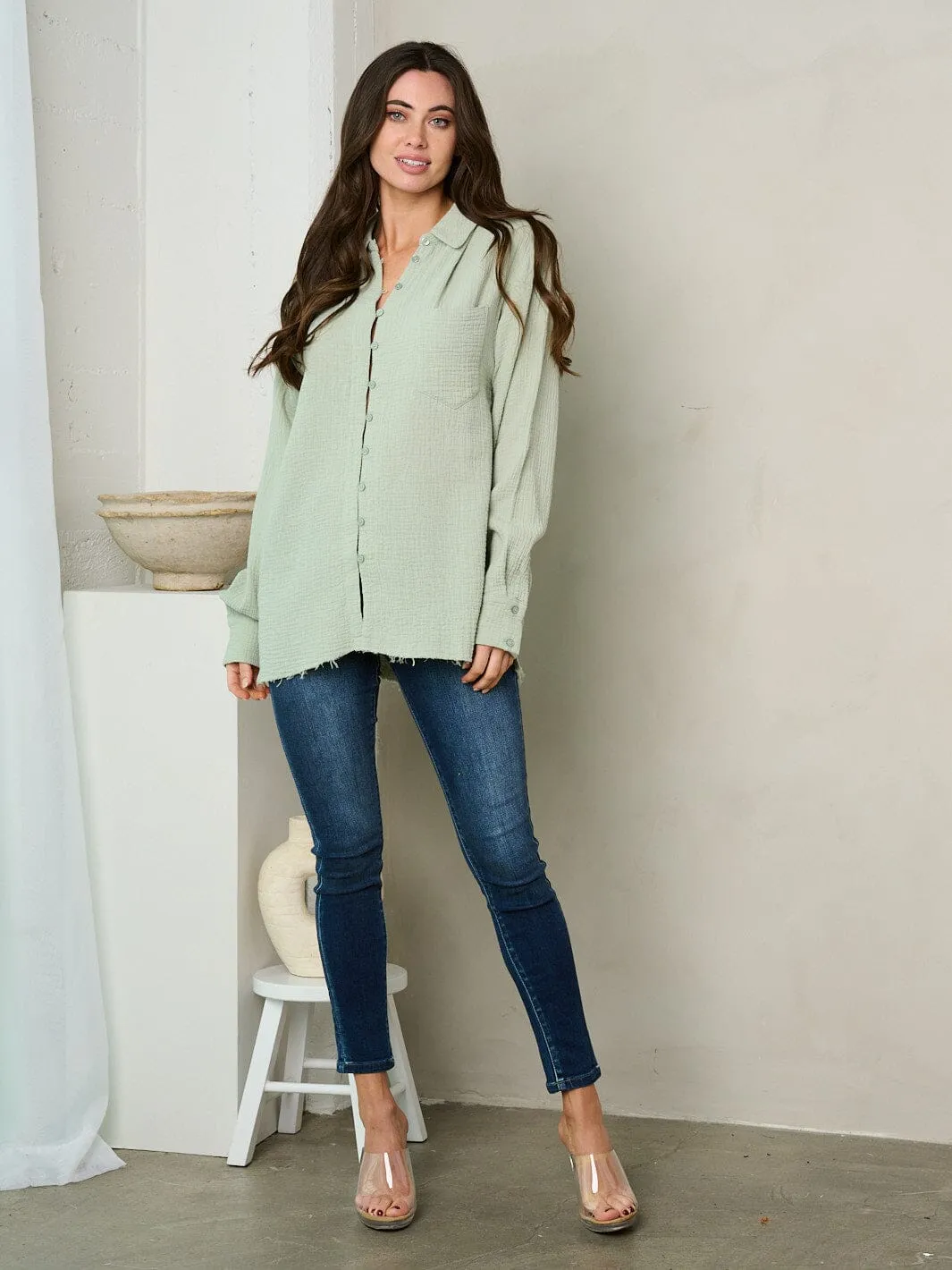 WOMEN'S LONG SLEEVE BUTTON UP RAW EDGE TOP