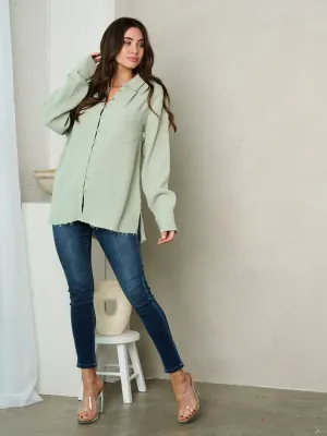 WOMEN'S LONG SLEEVE BUTTON UP RAW EDGE TOP