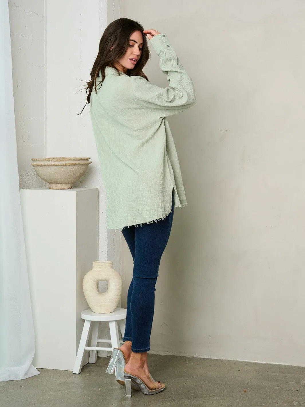 WOMEN'S LONG SLEEVE BUTTON UP RAW EDGE TOP