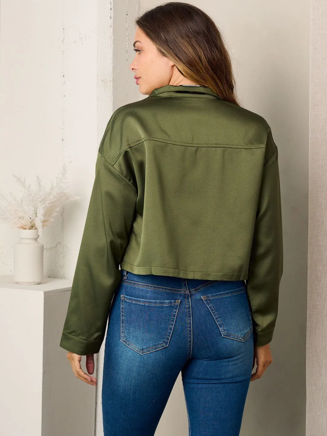 WOMEN'S LONG SLEEVE BUTTON UP SATIN BLOUSE TOP