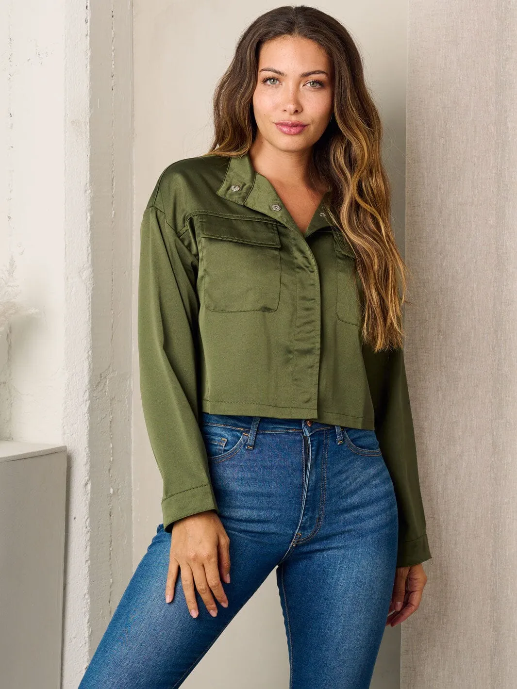 WOMEN'S LONG SLEEVE BUTTON UP SATIN BLOUSE TOP
