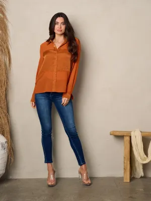 WOMEN'S LONG SLEEVE BUTTON UP SATIN CHIFFON TOP