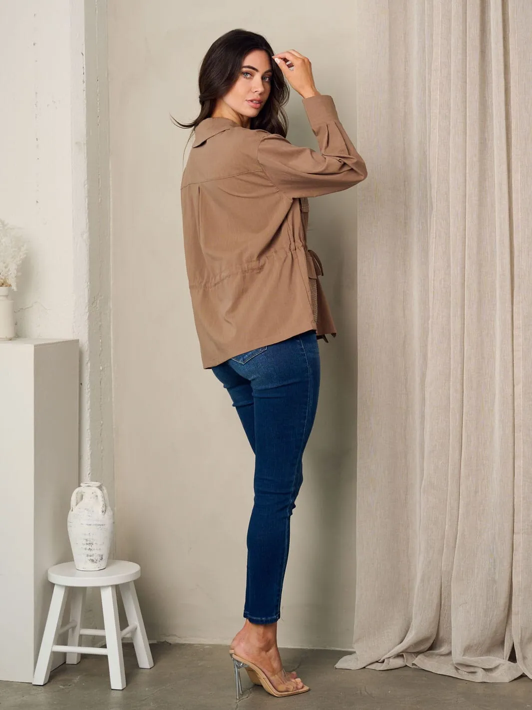 WOMEN'S LONG SLEEVE BUTTON UP SELF TIE STUDS DETAILED FRONT TOP