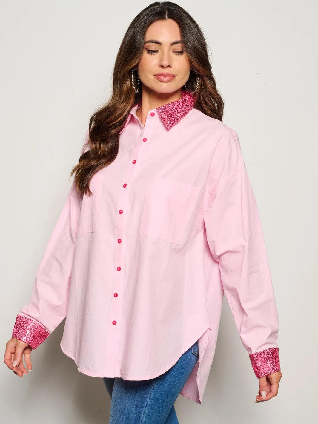 WOMEN'S LONG SLEEVE BUTTON UP SEQUINS GRAPHIC BLOUSE TOP