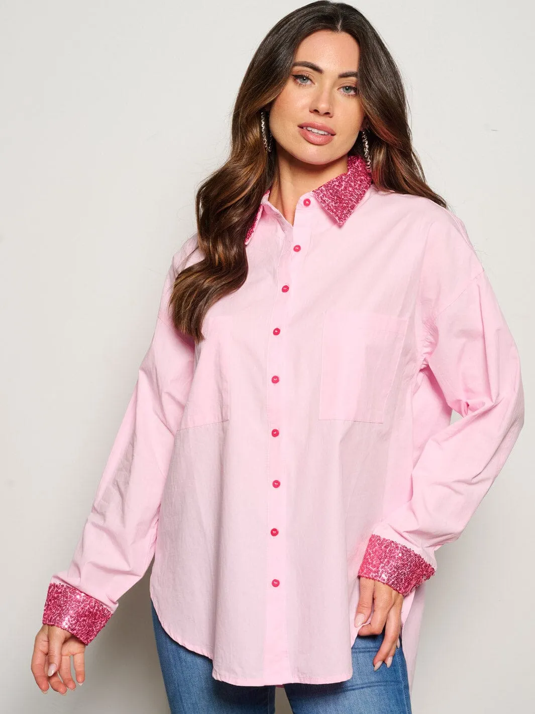 WOMEN'S LONG SLEEVE BUTTON UP SEQUINS GRAPHIC BLOUSE TOP