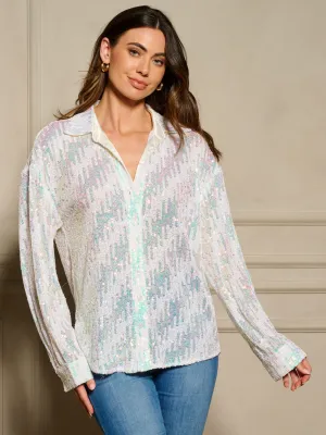 WOMEN'S LONG SLEEVE BUTTON UP SEQUINS OVERSIZE BLOUSE TOP