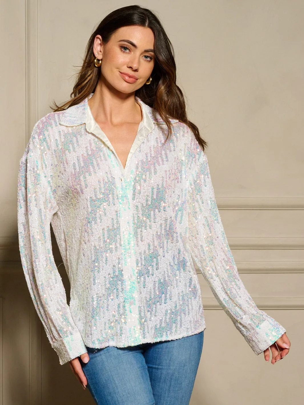 WOMEN'S LONG SLEEVE BUTTON UP SEQUINS OVERSIZE BLOUSE TOP