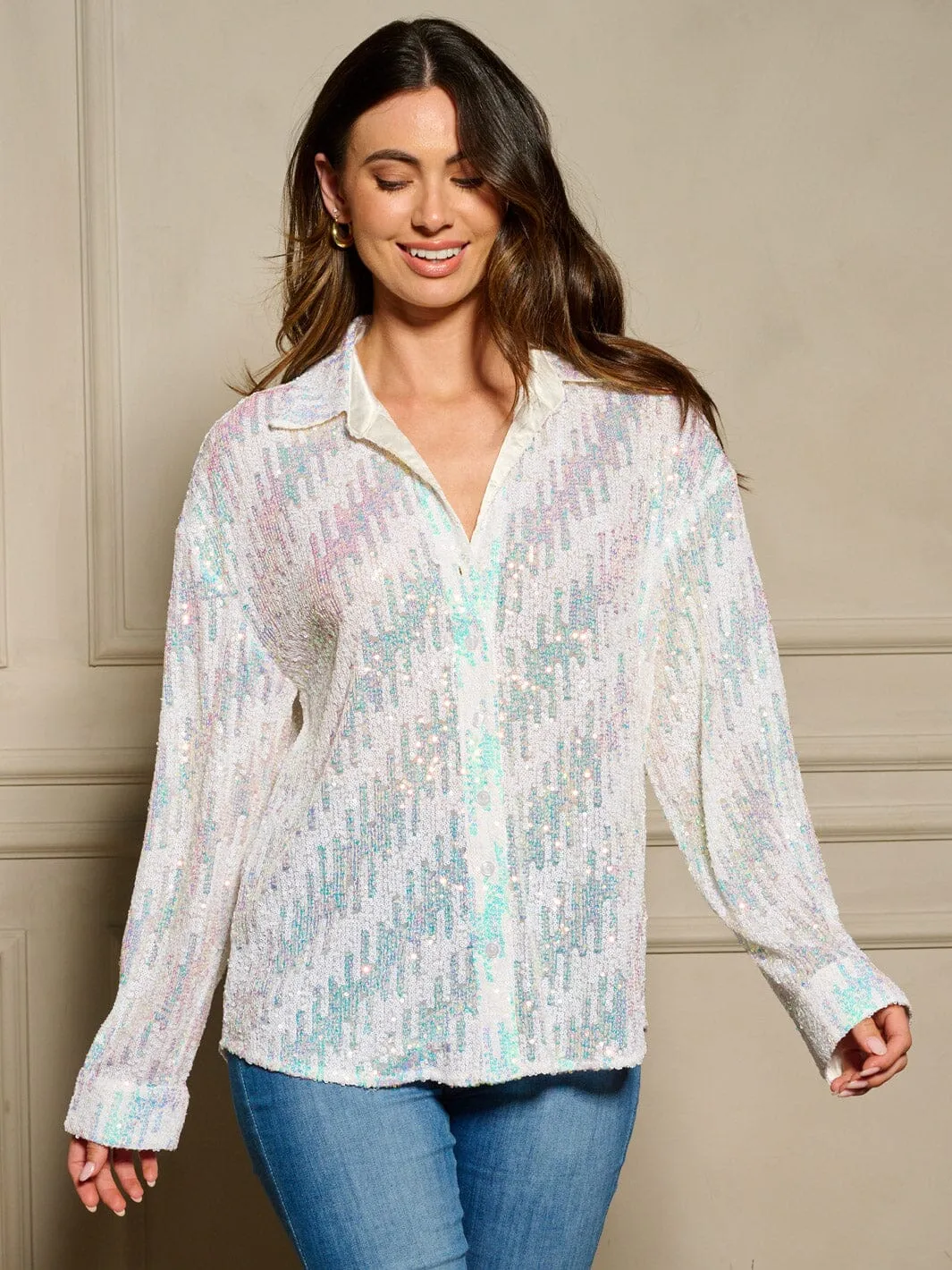 WOMEN'S LONG SLEEVE BUTTON UP SEQUINS OVERSIZE BLOUSE TOP